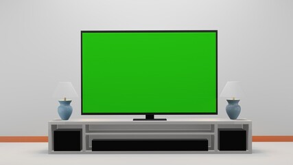 green screen tv for product advertisement placed on a cabinet in a modern living room with a table lamp on a white background, 3d rendering