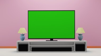 green screen tv for product advertisement placed on a cabinet in a modern living room with a table lamp on a pink background, 3d rendering