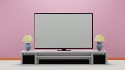 Gray screen TV for product advertisement placed on a cabinet in a modern living room with a table lamp on a pink background, 3d rendering