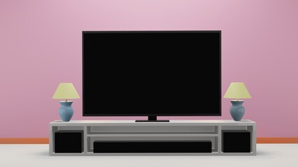 black screen tv for product advertisement placed on a cabinet in a modern living room with a table lamp on a pink background, 3d rendering