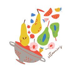 Colander with different fruits. Vitamins. Vector doodle illustration. - 462999935