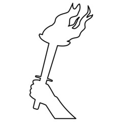 Torch in hand outline isolated on white. Contour design element. Vector illustration.