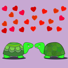 Cute loving turtles look at each other hearts fly above them on pink  isolated background