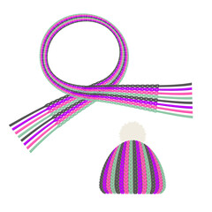 Illustration set of multi-striped scarf and knit hat (white background, vector, cut out)