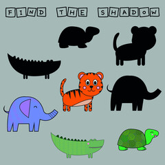 Find a pair or shadow  game with funny tiger, elephant, turtle, crocodile.  Worksheet for preschool kids, kids activity sheet, printable worksheet