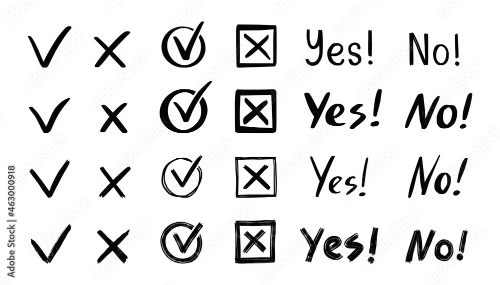 Aufkleber check and cross mark set. hand drawn doodle sketch style. vote, yes, no drawn concept. checkbox, cro