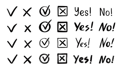 Check and cross mark set. Hand drawn doodle sketch style. Vote, yes, no drawn concept. Checkbox, cross mark with box, circle element. Vector illustration.