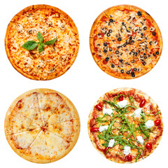 Isolated collage of various types of pizza on white