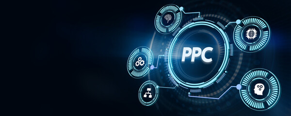Obraz premium Pay per click payment technology digital marketing internet concept of virtual screen. PPC. 3d illustration