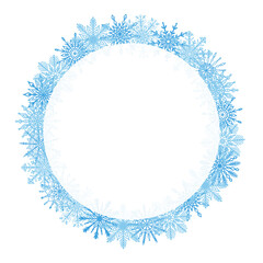 Beautiful winter season, Christmas, New Year round frame, wreath with hand drawn blue snowflakes isolated on white background. Winter festive design template  empty copy space.
