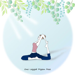 ヨガポーズ　ヨガをする女性のイラスト　半分の鳩のポーズ