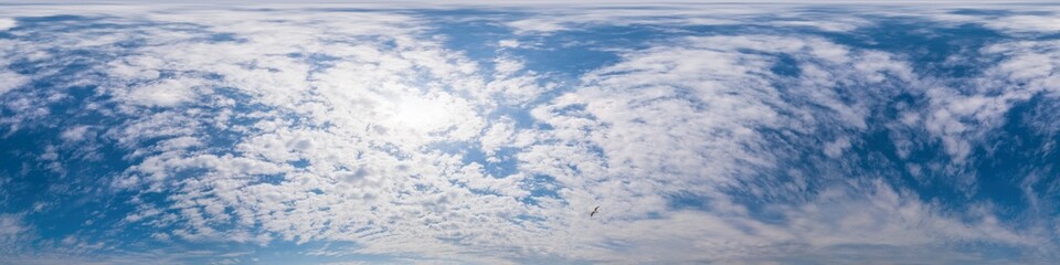 Fototapeta premium Blue sky panorama with Cumulus clouds. Seamless hdr 360 degree pano in spherical equirectangular format. Complete zenith for 3D visualization, game and sky replacement for aerial drone 360 panoramas.