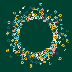 Falling letters of English language. Pastel flying words of Latin alphabet. Foreign languages study concept. Nice back to school banner on blackboard background.