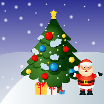 Image of Santa Claus, with a fir tree and gifts on a blue background