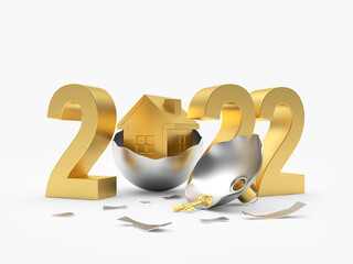 Golden number 2022 with a house in a broken silver Christmas ball. 3D illustration 