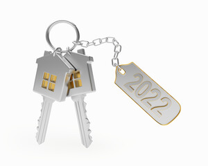 Two silver keys with a label and the number 2022 on it. 3D illustration 