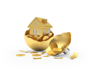 Gold house with coins in a broken Christmas ball. 3D illustration 