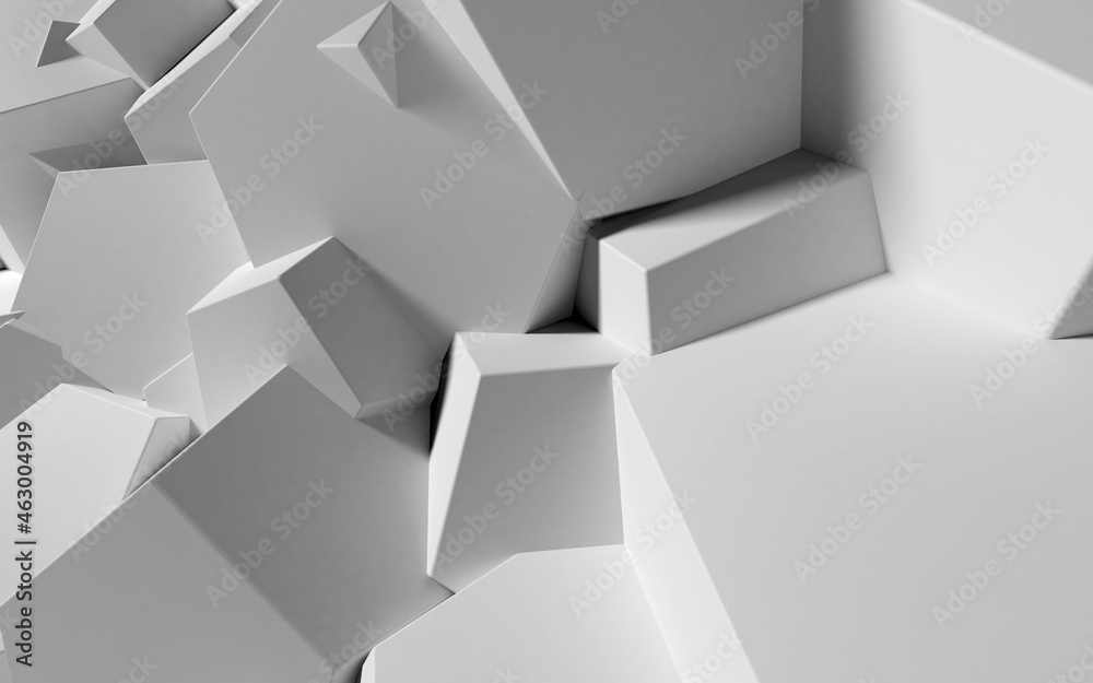Poster Abstract background with white 3D shapes flying in the light as a messy array or chaotic structure for any pastel backdrop. 3D illustration