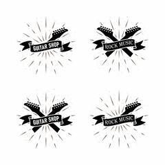 Set of color illustrations of ribbon with text, guitar fretboard and rays on a white background. Design element for emblem, print, label, sticker. Vector illustration with texture. Musical symbol.