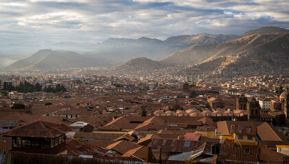 Sunrise view of the city of Cusco from the San Cristobal viewpoint.