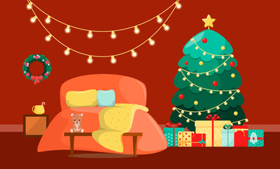 Festive bedroom interior. Christmas tree with gifts. Cozy house. Flat design.
