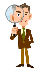 虫眼鏡を持つ年輩のビジネスマンの全身イラスト
