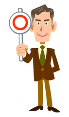 正解の札を出す年輩のビジネスマンの全身イラスト
