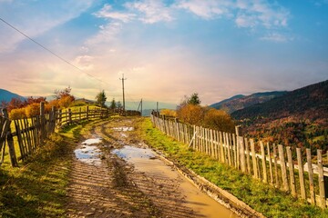 A path along the ridge of a hill with a large puddle and an old fence against the backdrop of a colorful forest