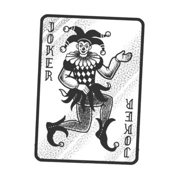Joker playing card deck sketch engraving vector illustration. T-shirt apparel print design. Scratch board imitation. Black and white hand drawn image.