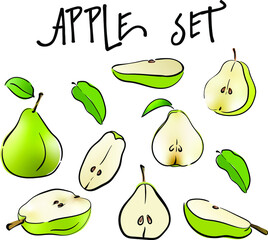 pear set, hand-drawn, line, contour, pear drawing, background, details, decor, elements, vector, illustration, fruits, kitchen, dessert, no fill,green,fresh,vegetarian,healthy,natural,sweet,organic