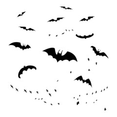 Horror bats group isolated on white background. Flittermouse, night creatures flock. Silhouettes of flying bats. Horrific swarm bats. Halloween scary creepy vampire animals. Stock vector illustration
