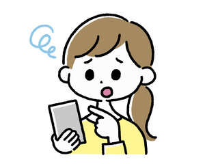 スマートフォンを操作しながら困っている女性のイラスト
