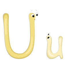 Capital and lowercase letters Uu from the English alphabet in the form of funny and cute cartoon characters of an adult and a baby. Pastel yellow colors. Vector illustration