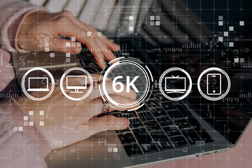 High resolution 6k concept on abstract image with hands and laptop with icons computer, tv and smartphone icons