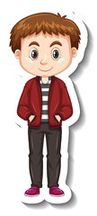 A boy wears bomber jacket cartoon character sticker