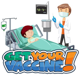 Get Your Vaccine font banner with patient and doctor cartoon character