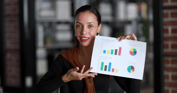 Latin America ethnicity businesswoman speaker holding diagram pater and presenting idea and content to audience in online conference or job interview with active and energetic action and happy face.