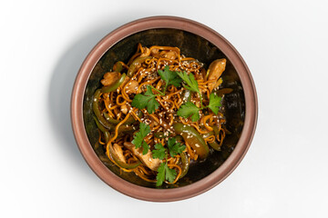 udon with chicken on a white background
