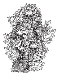 Tattoo art skull and flower hand drawing and sketch black and white
