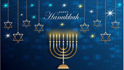 happy hanukkah with blue and golden color and stars shine