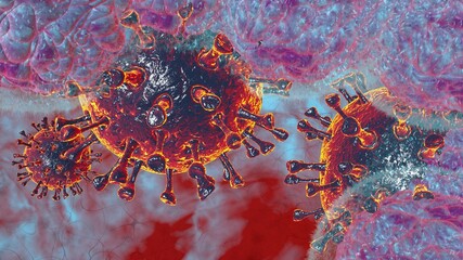 3D render illustration Natural killer body cell immune respone corona virus cell .concept covid-19 antibogy cytotoxic adaptive immune response.