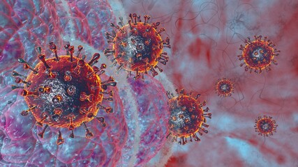 3D render illustration Natural killer body cell immune respone corona virus cell .concept covid-19 antibogy cytotoxic adaptive immune response.