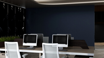 modern business office manager room with 3d design interior for company wall logo mockup