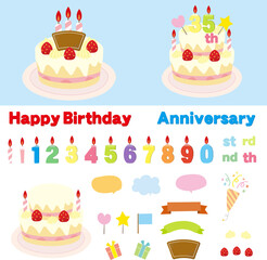 Illustration set of a birthday cake and candles in the shape of numbers.
