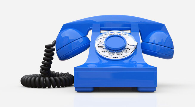 Old blue dial telephone on a white background. 3d illustration.