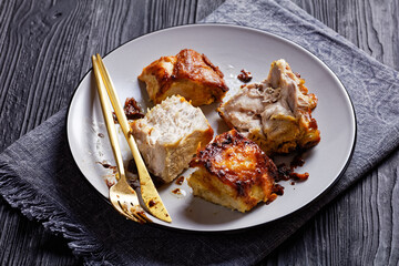 Roasted pork loin chopped into pieces, close-up
