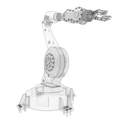 Robotic arm for any work in a factory or production. Mechatronic equipment for complex tasks. 3d illustration.