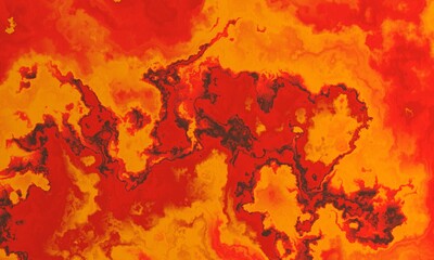 Abstract bright marble background in red, yellow colors with black veins