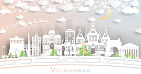 Volgograd Russia City Skyline in Paper Cut Style with Snowflakes, Moon and Neon Garland.
