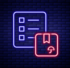 Glowing neon line Verification of delivery list clipboard icon isolated on brick wall background. Colorful outline concept. Vector